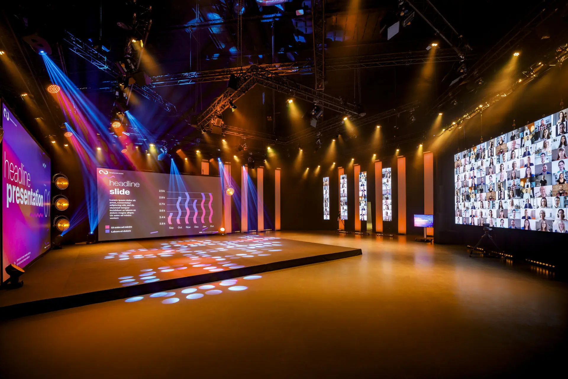 An event space with 4 separate displays built with a Modular Framing System