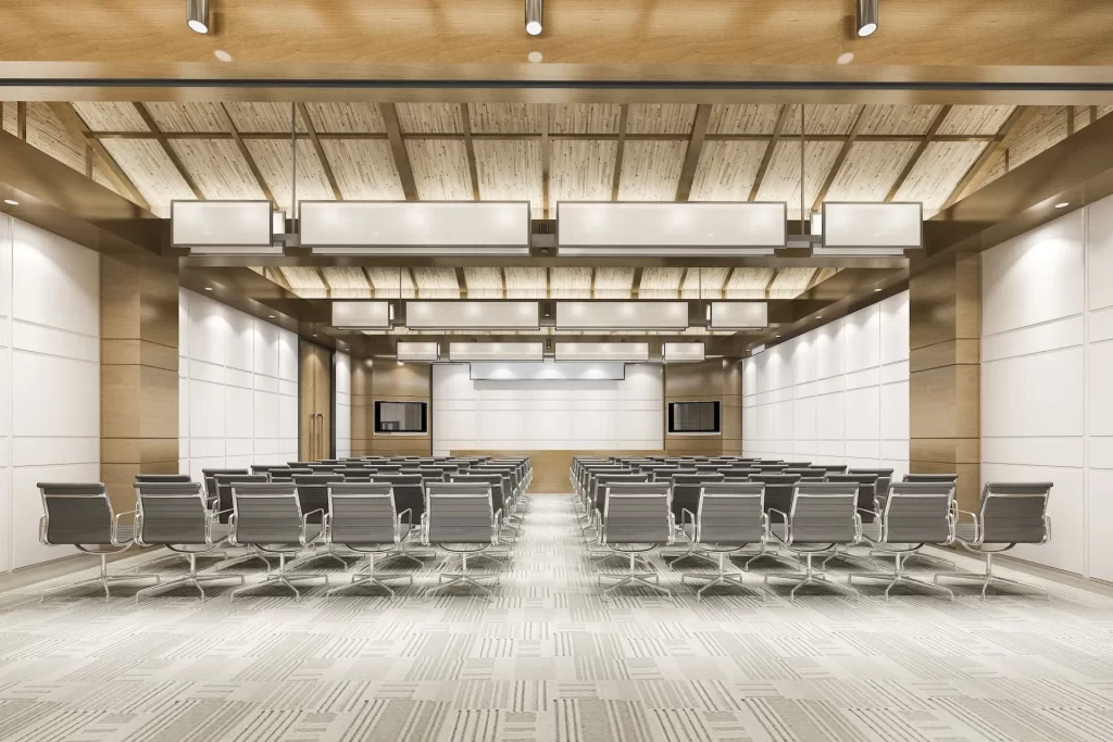 A room with auditorium style seating with airwalls in place on either side