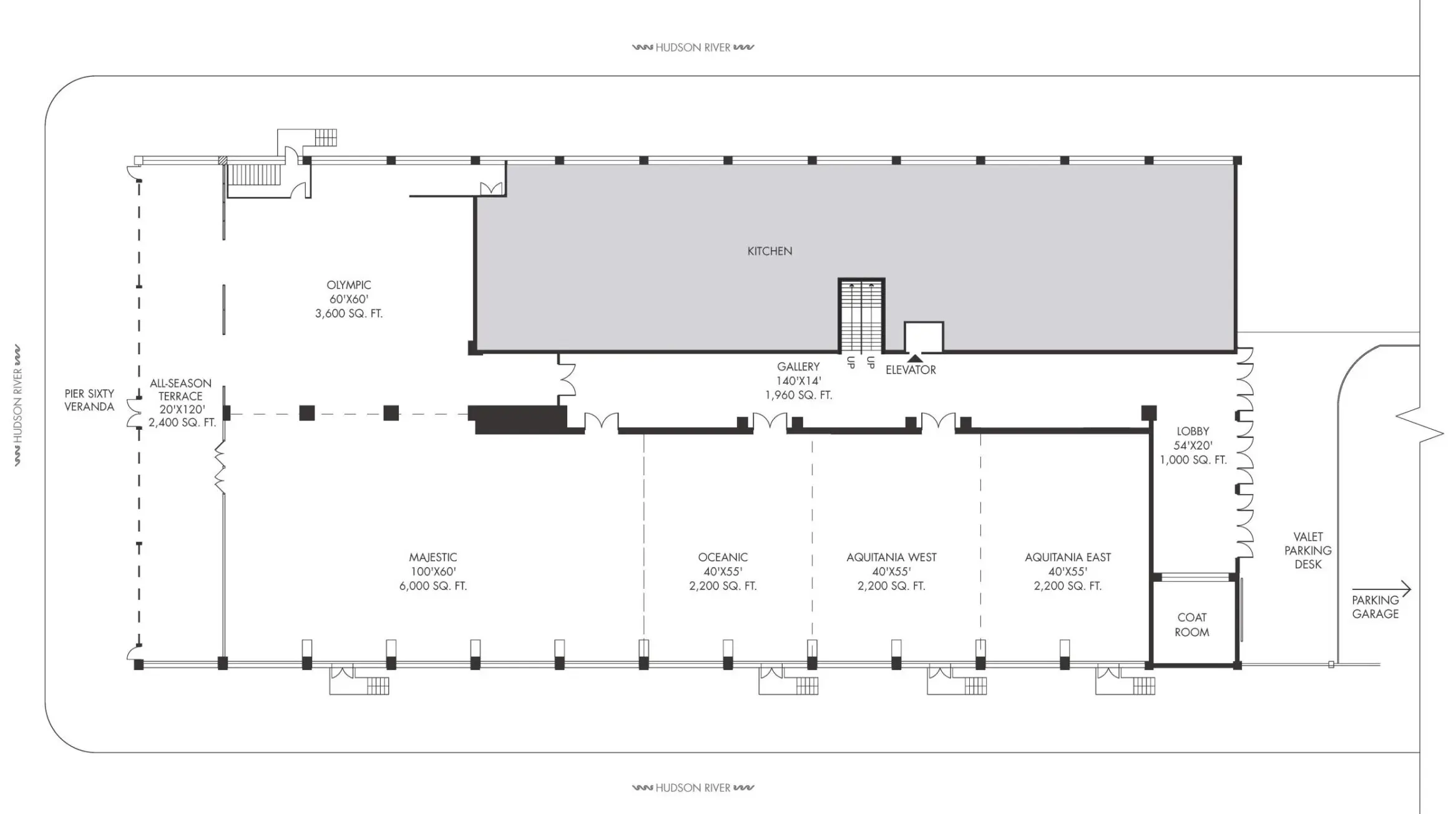 The floor plan for NYC Venue Pier Sixty clearly showing where airwalls are