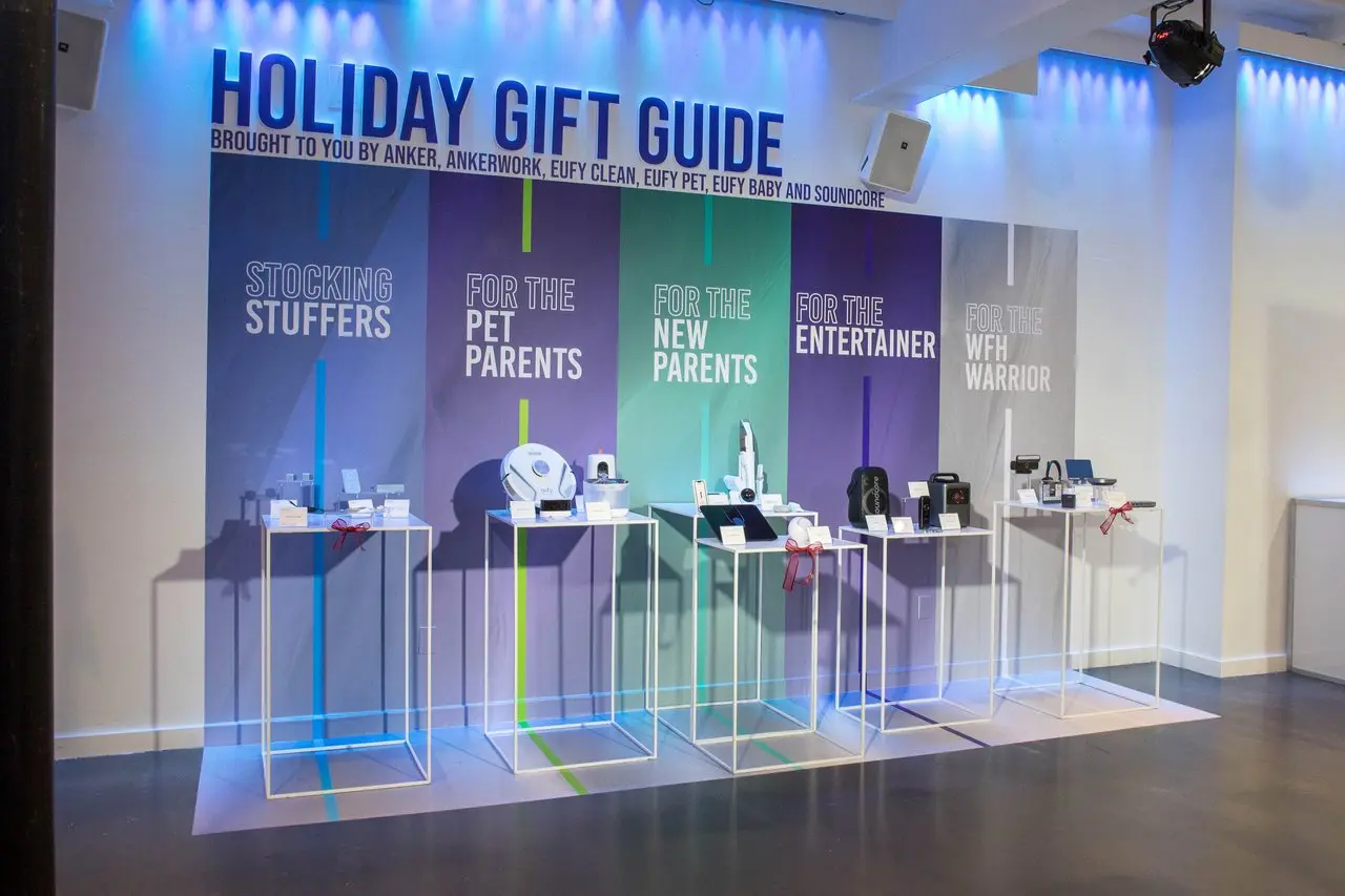 A backlit product display in a trade show booth