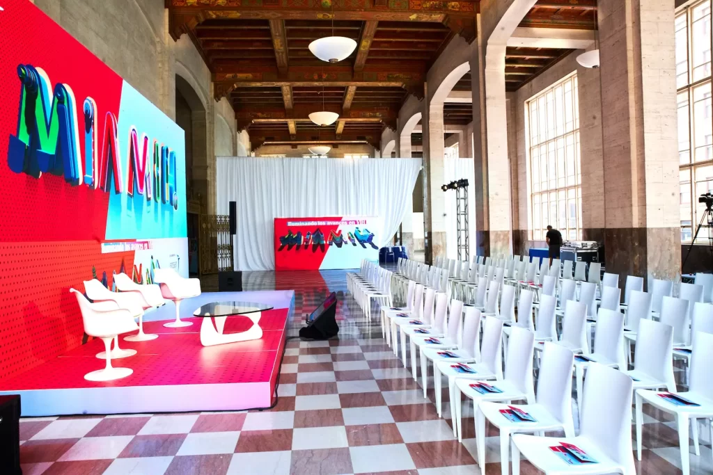 An event space set up for a panel discussion